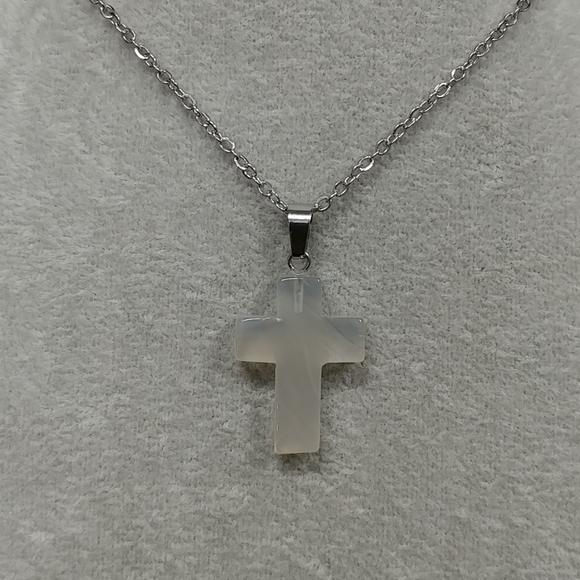 White Agate Cross 23.5" Necklace Natural Gemstone Crystal Pendant StainlessSteel - Picture 5 of 12
